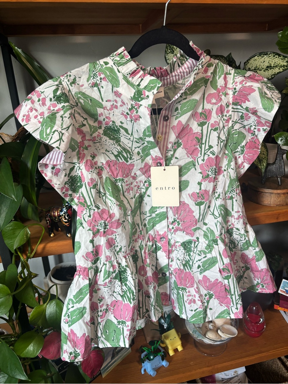 Entro White Floral Print Ruffle Trim Cotton Top | Medium - Picture 4 of 8